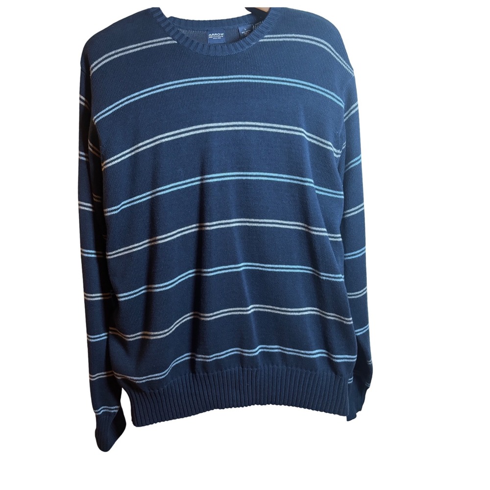 Arrow Mens Striped Cotton Crew‎ Neck Sweater Large Blue White Casual Knit L